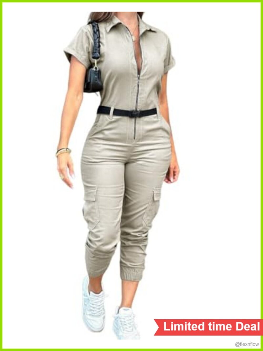 Short Sleeve Cargo Jumpsuit Casual Romper with Pockets Zip-Up Collared